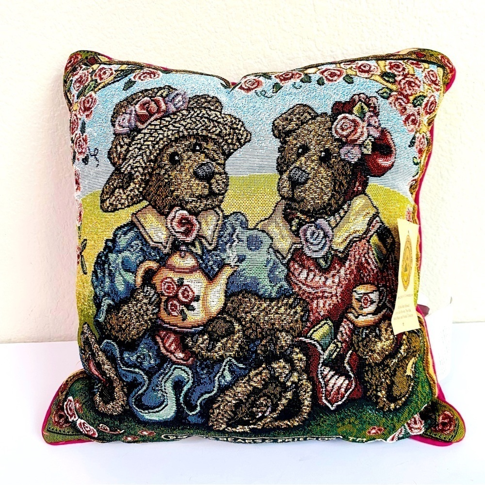 Boyds Bear And Friends Tapestry Afternoon Tea Accent Pillow 18” x 18”
